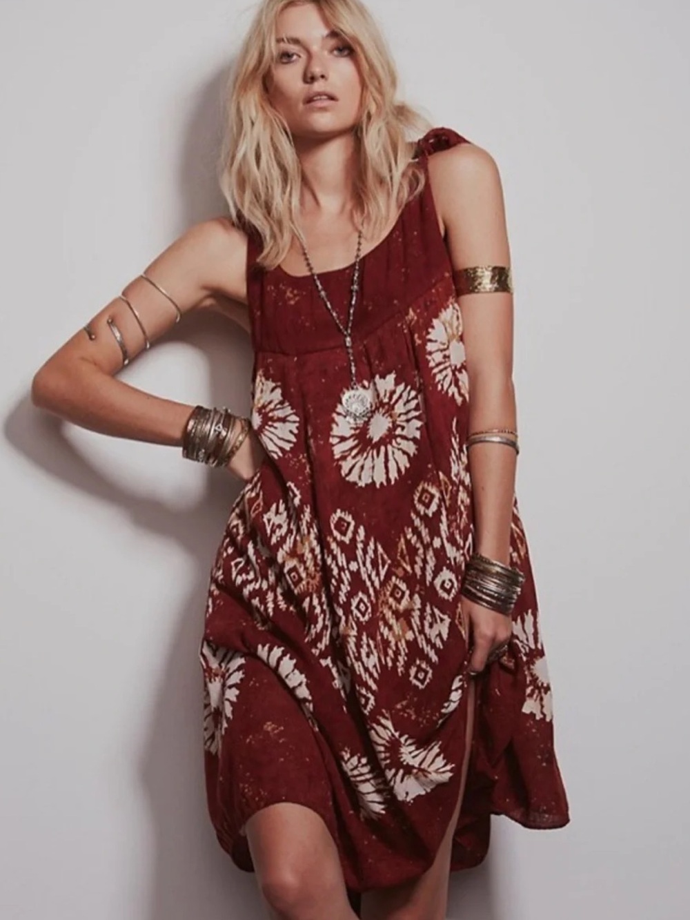 Free People boho Rust Tie-Dye Mini Dress with White Print